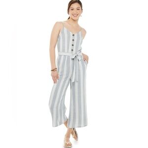 New Womens Blue White Striped Wide Leg Jumpsuit Preppy Size L Linen Look Pockets